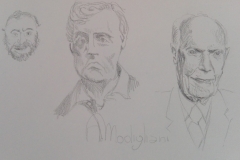 Sandro Ferrucci - Graphite on paper - 1990 - portraits by Luciano Pavarotti, Amedeo Modigliani and Sandro Pertini sketch detail